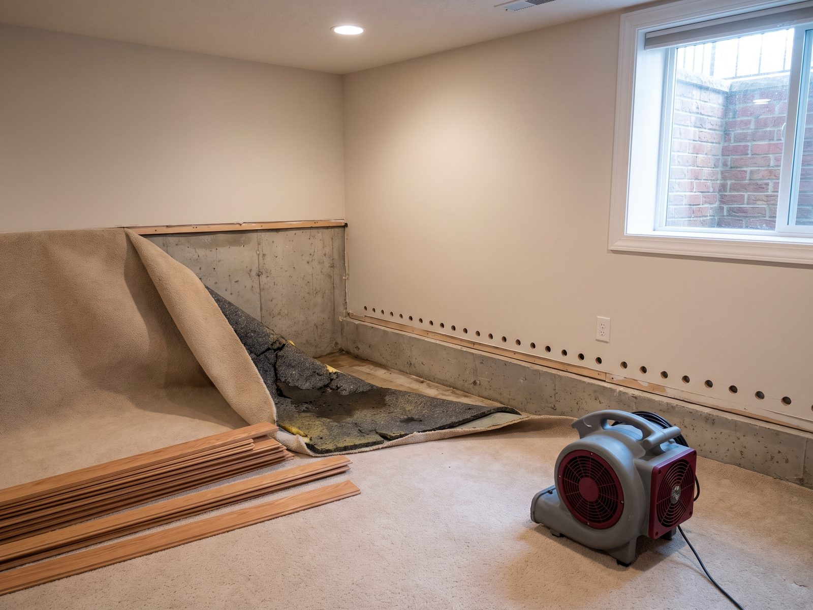 Carpet pulled back to expose wet pad at the wall base Carpet pulled back off the tack strip to expose the pad underneath, with baseboard removed and small vent holes drilled above the plate line.