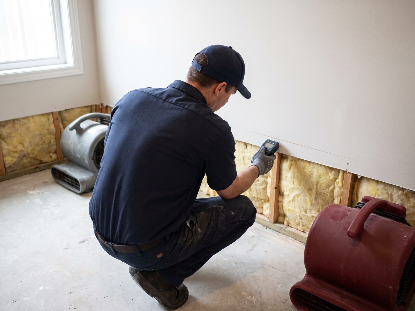 Drying set-up across a partly stripped lower level Lower level of a suburban home with carpet removed to slab and drywall cut to a clean line, a technician reading a moisture meter at the cut line beside two air movers.