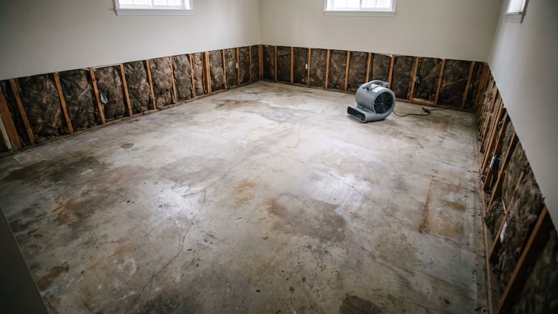 Empty lower level stripped to bare slab, drywall flood-cut above exposed studs and wet insulation, one gray air mover.