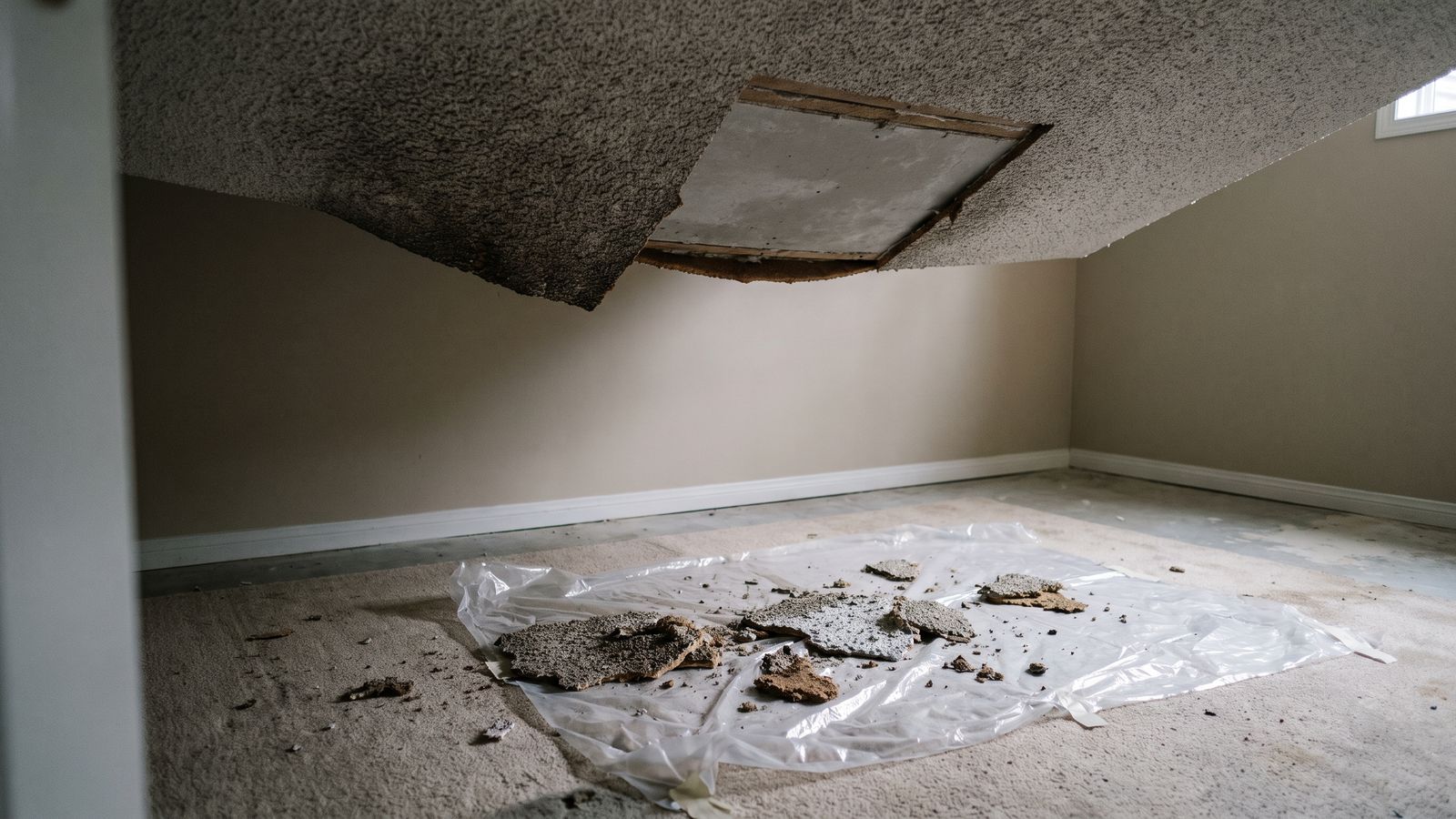 Fallen popcorn ceiling texture on plastic sheeting Chunks of fallen popcorn ceiling texture on plastic sheeting below a square opened in a water-damaged ceiling