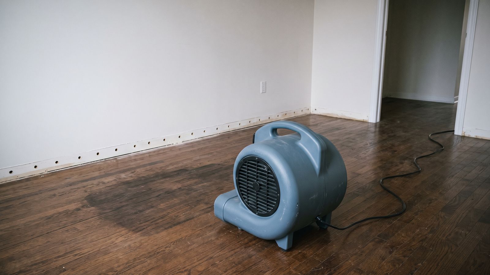 Blue air mover aimed at a wall base drilled with weep holes, the per-day charge in a water damage restoration cost