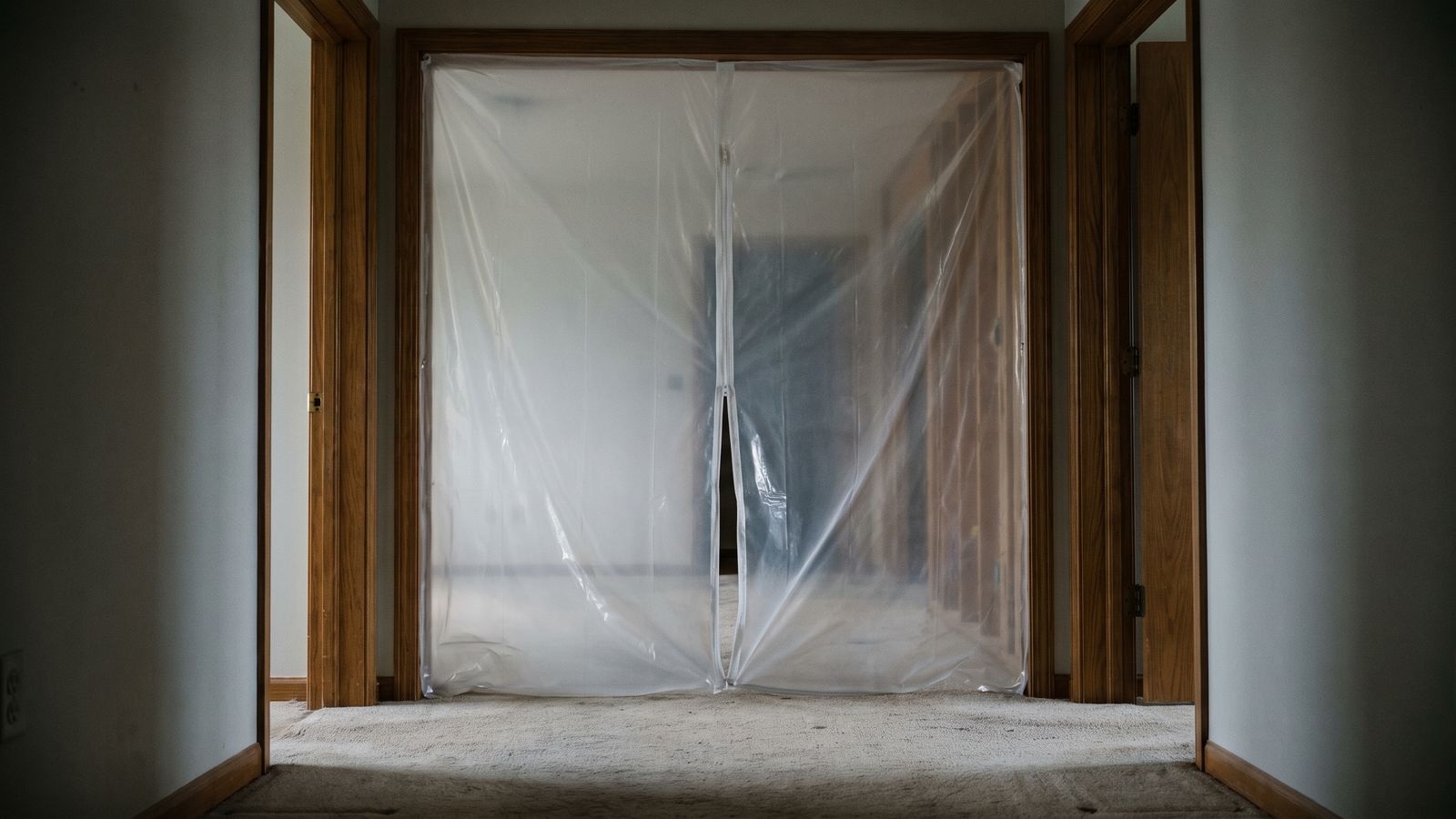 Zippered plastic containment sealed across a doorway to a stripped room, one line in a water damage restoration cost