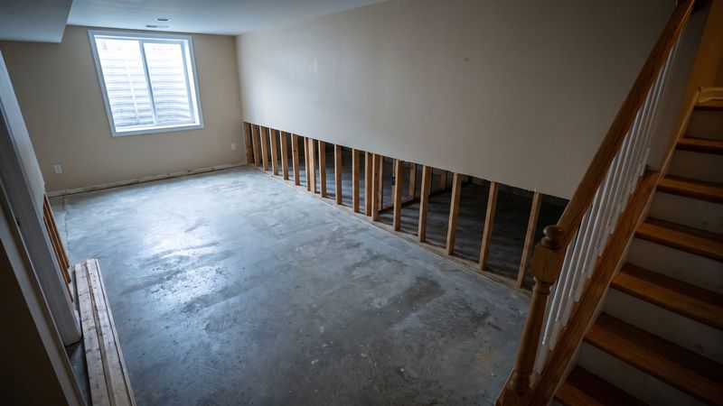 Flood cut along a basement wall with bare studs and a damp slab, the demolition a water damage restoration cost covers