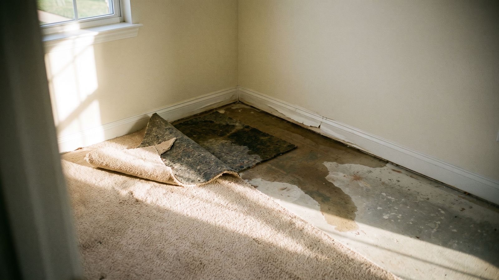 Carpet folded back over black saturated padding and a stained subfloor, where a water damage restoration cost starts