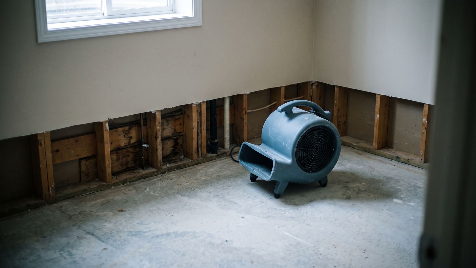 Air mover drying an opened flood-cut wall Centrifugal air mover on a bare slab beside a flood-cut wall with wet studs exposed during water damage restoration drying