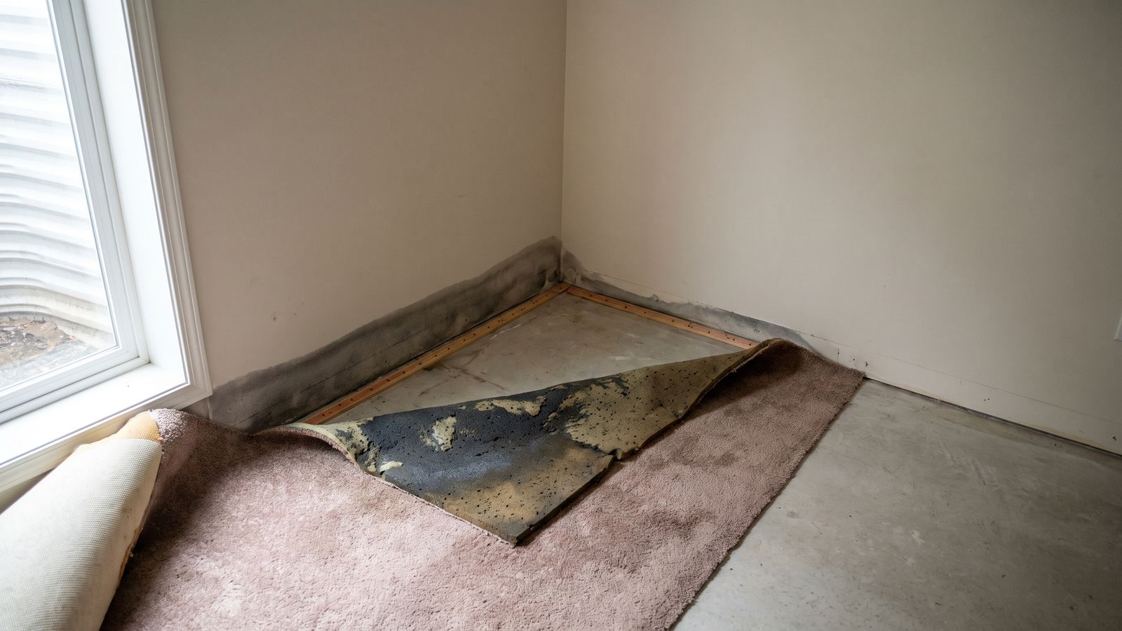 Carpet pulled back over soaked padding Soaked carpet padding exposed where carpet is pulled back off the tack strip, the wet water damage restoration must reach