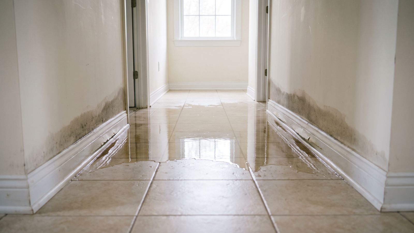 Standing water across a tile hallway floor Standing water on a tile hallway floor with damp staining up the drywall, before water damage restoration in Purcellville VA