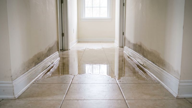 Standing water on a tile hallway floor with damp staining up the drywall, before water damage restoration in Purcellville VA
