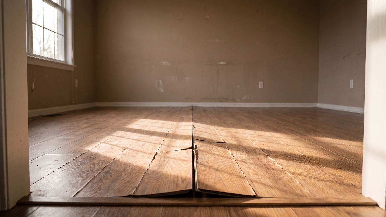 Plank flooring buckled and peaked at a seam Plank flooring buckled and peaked along a seam in an empty room, the salvage call that drives water damage restoration cost