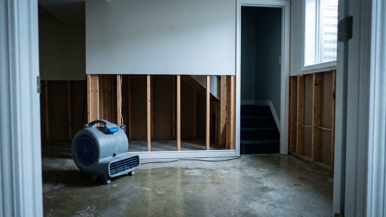 Air mover drying a stripped basement room Centrifugal air mover running on a bare slab beside stud walls in the drying stage of a water damage restoration timeline
