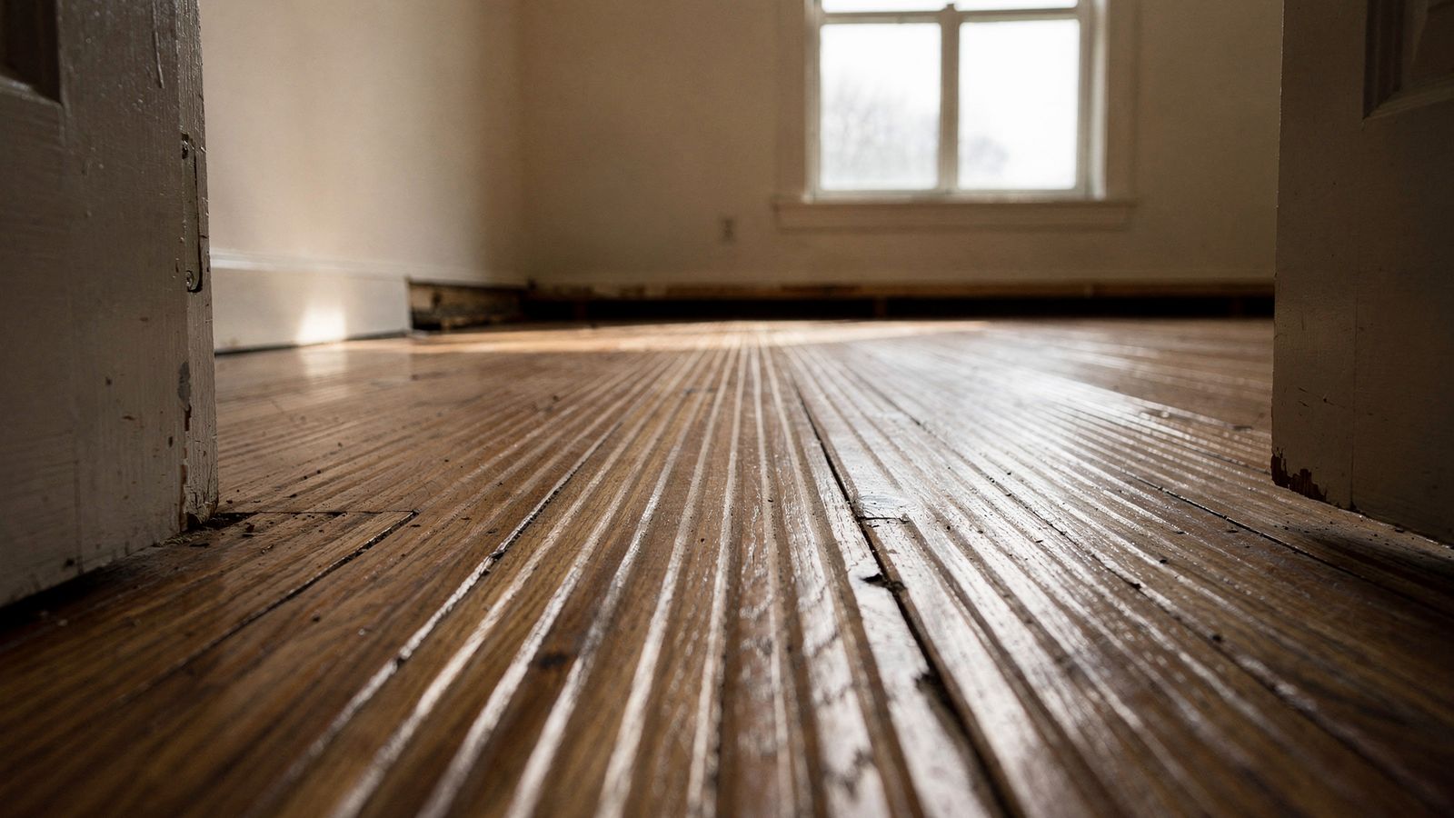 Cupped oak strip flooring after water damage Cupped oak strip flooring ridged by moisture, the material that most often stretches a water damage restoration timeline