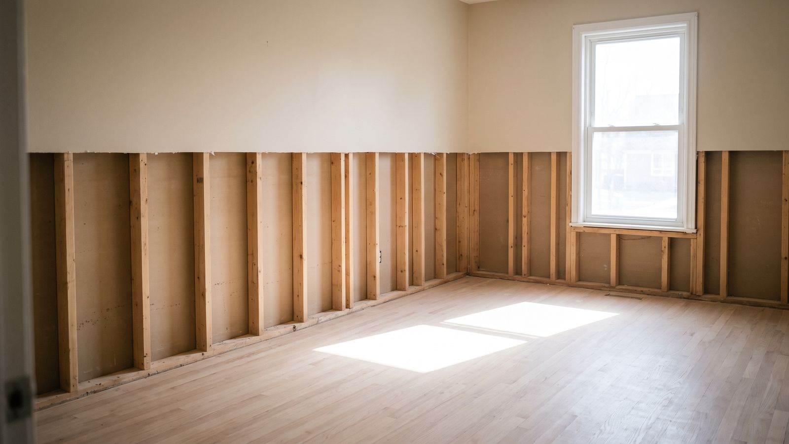 Dry framing waiting for drywall and rebuild Dry bare framing and a clean swept floor in an emptied room at the rebuild stage of a water damage restoration timeline
