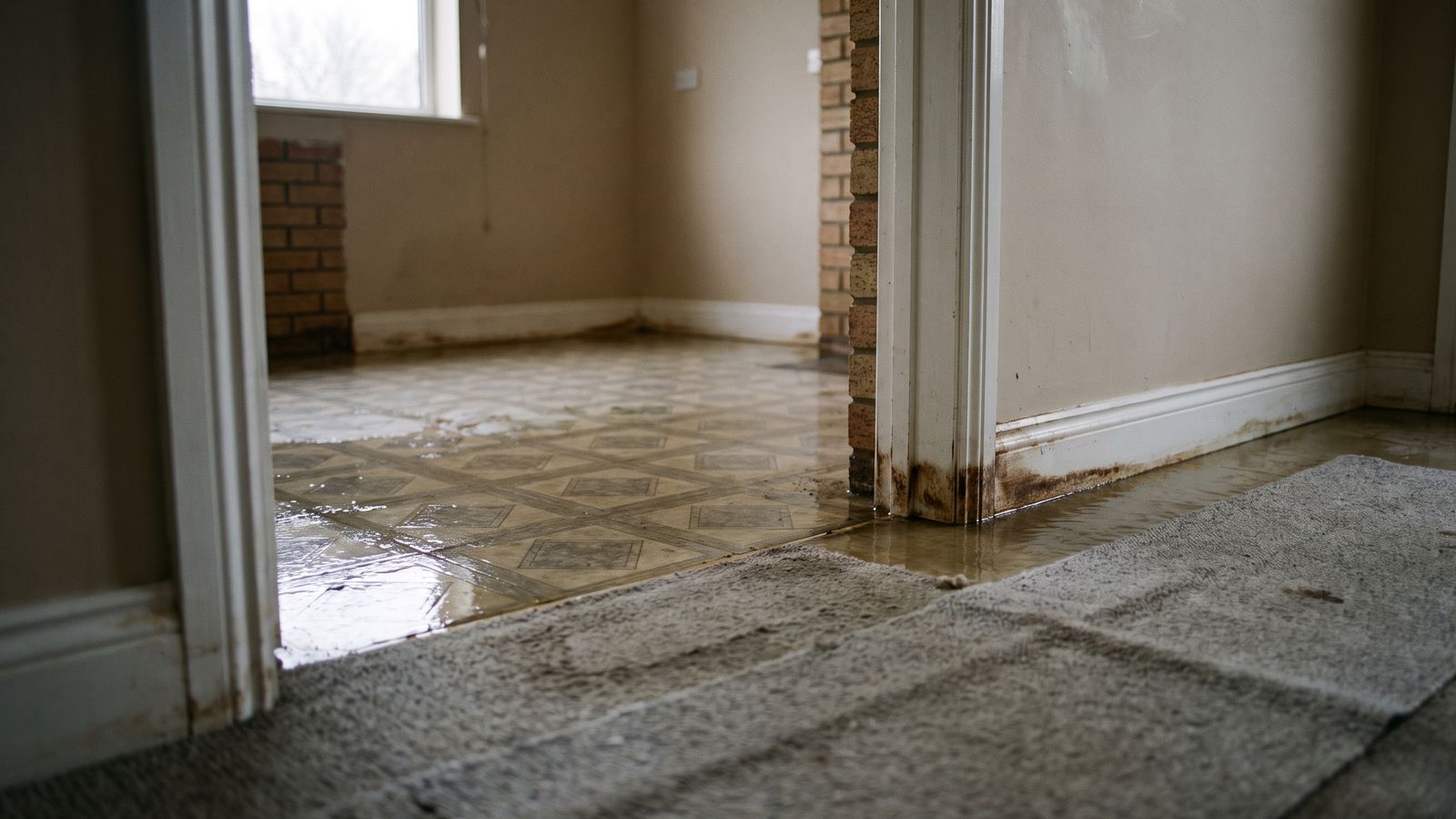 Standing water spreading through a doorway Standing water crossing a vinyl tile floor into carpet on day one of a water damage restoration timeline