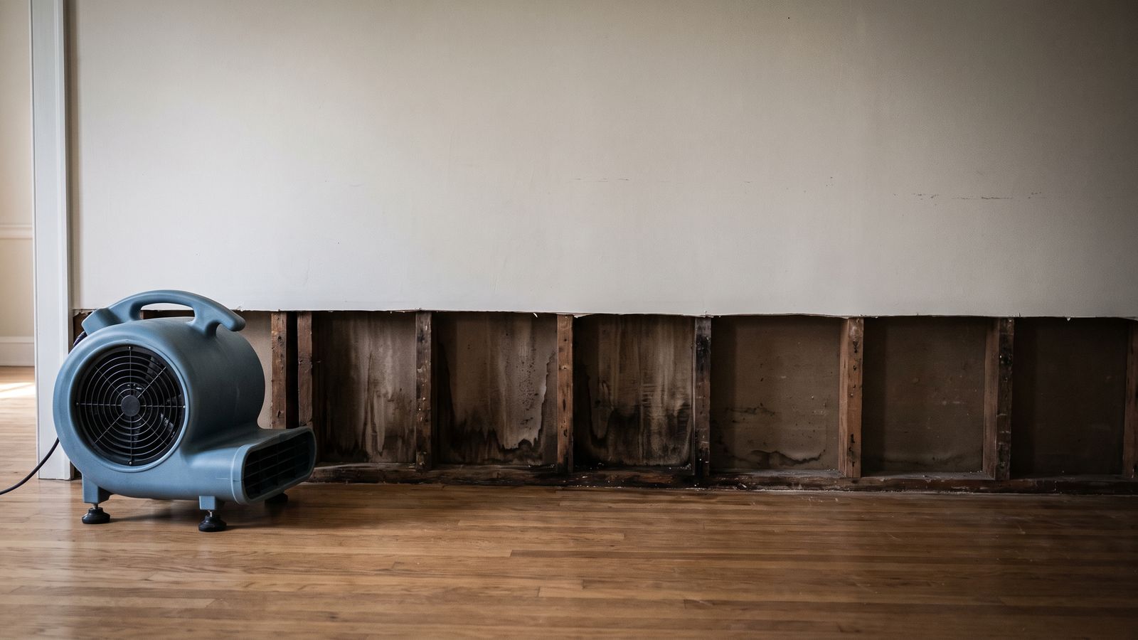 A centrifugal air mover beside a two-foot flood cut with wet studs exposed during water damage restoration