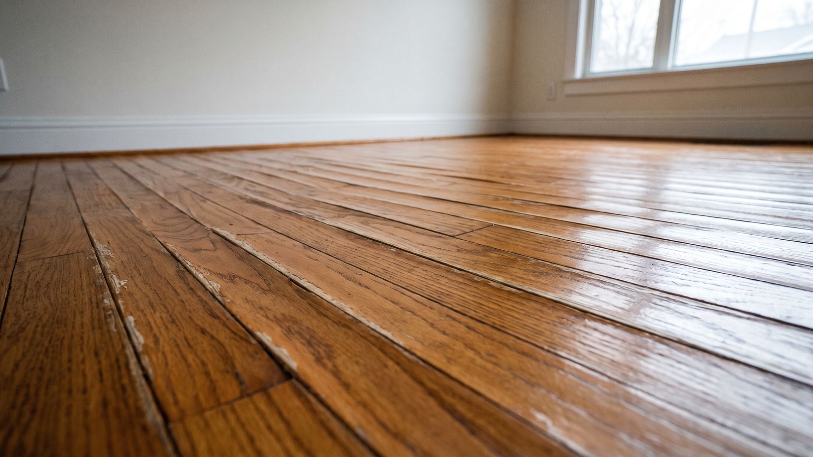 Cupped red oak strip flooring with raised joints and cracked finish, a water damage restoration cost driver