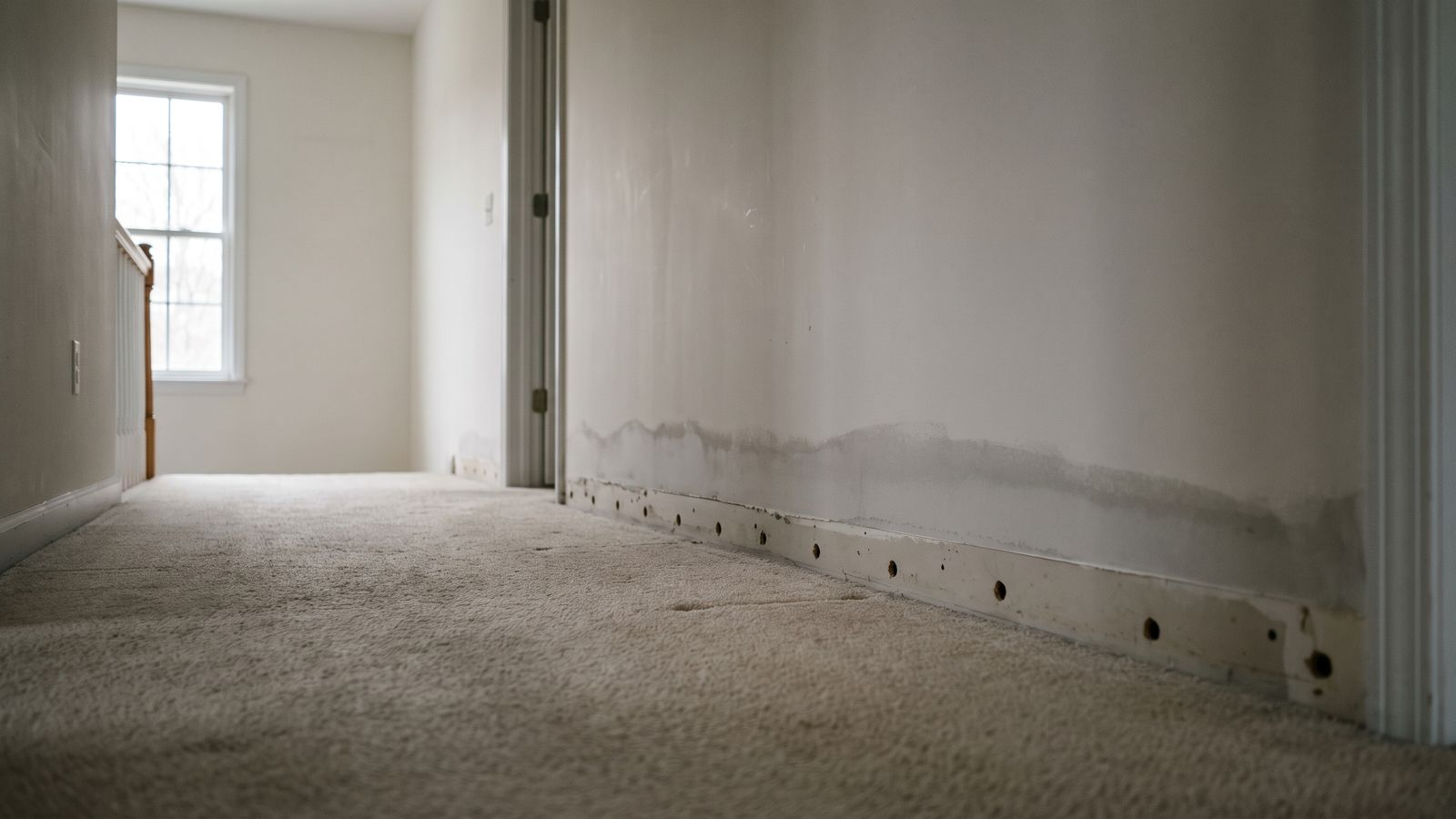 Drilled weep holes along the base of drywall below a gray damp band, a water damage restoration step