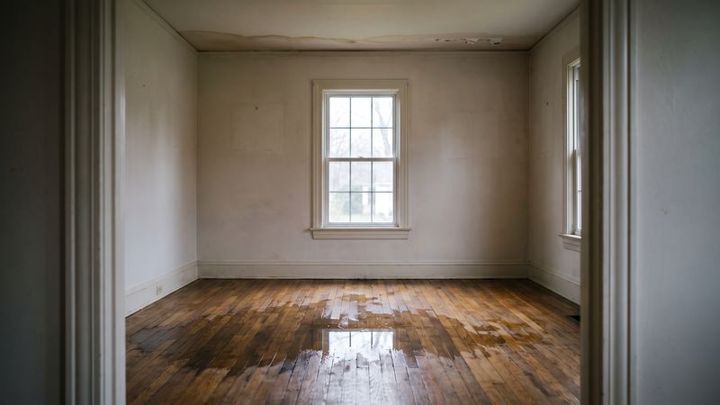 Standing water on oak strip flooring under a stained ceiling before water damage restoration in VA