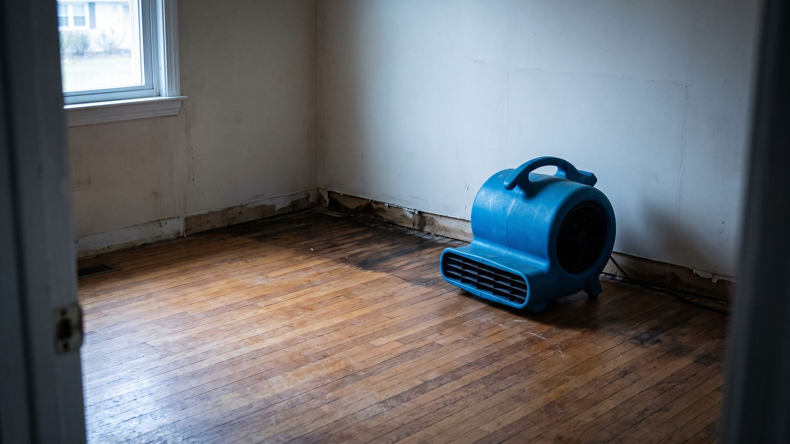 Blue snail-shell air mover in an emptied room beside a wall with the base trim removed, the structural drying stage.