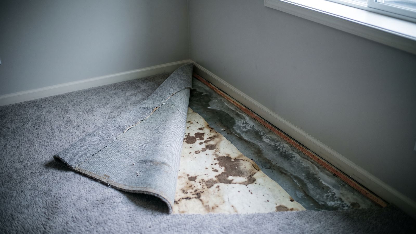 Carpet folded back off the tack strip exposing blotched padding and a damp subfloor, a classic musty smell source.