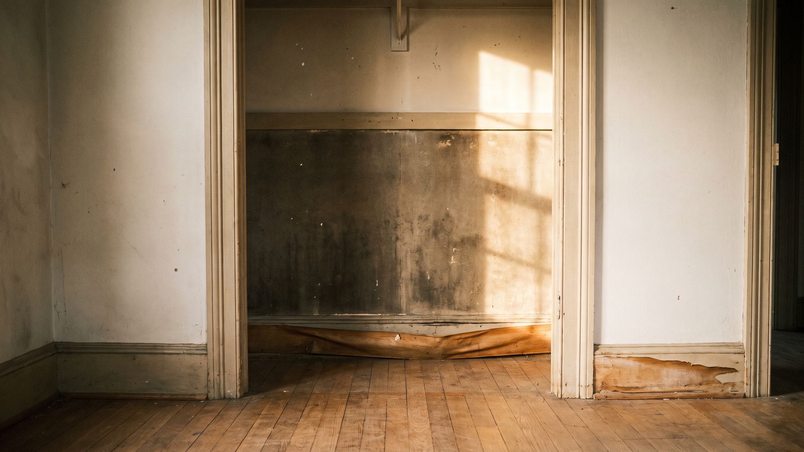 Mottled gray-brown staining across the back wall of an emptied closet with buckled base trim, a water damage smell source.