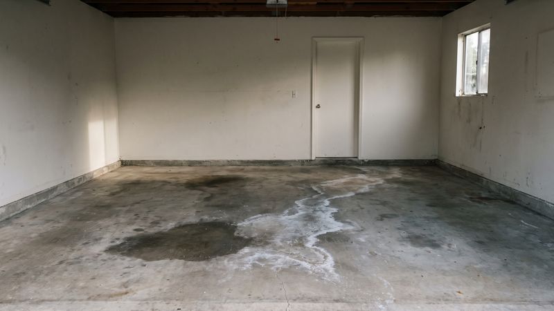 Damp outline and mineral bloom on a bare garage slab by the house door, where water damage smell in car vs house overlaps.