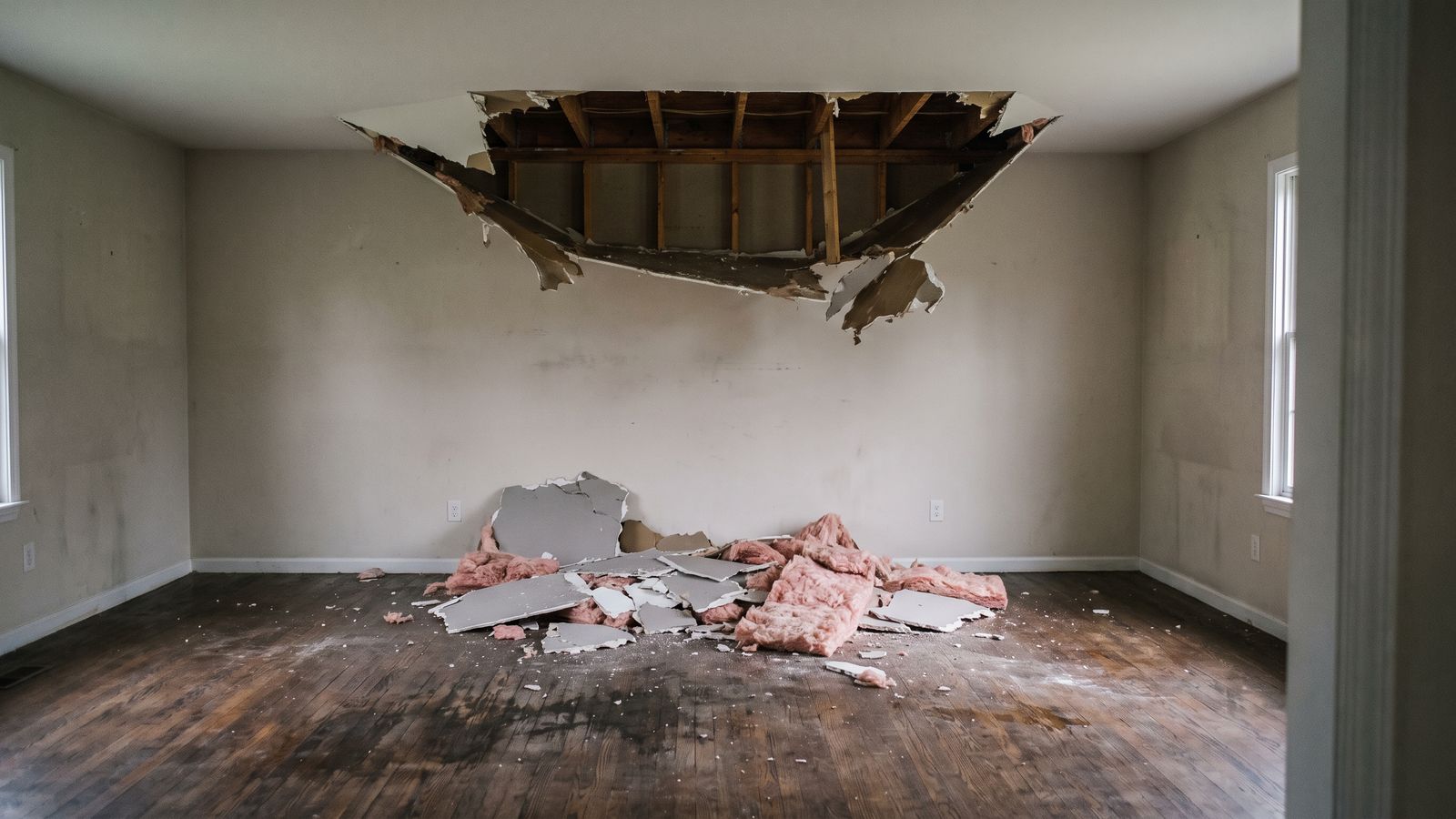 Collapsed ceiling drywall and insulation on the floor Fallen drywall and pink insulation on a stained hardwood floor after a water damaged ceiling collapse