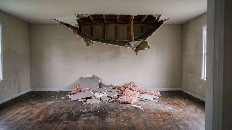 Fallen drywall and pink insulation on a stained hardwood floor after a water damaged ceiling collapse