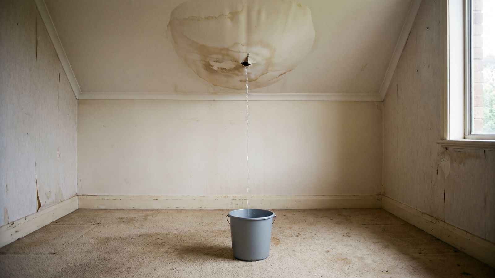 Draining a stained ceiling into a bucket Water draining through a small hole in a stained ceiling into a bucket to prevent a water damaged ceiling collapse