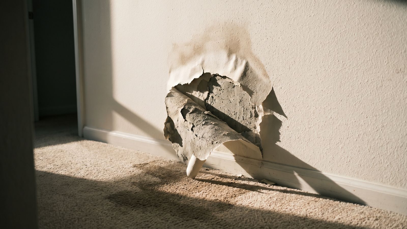 Blistered paper facing torn back on water damaged drywall, exposing the crumbling gypsum core