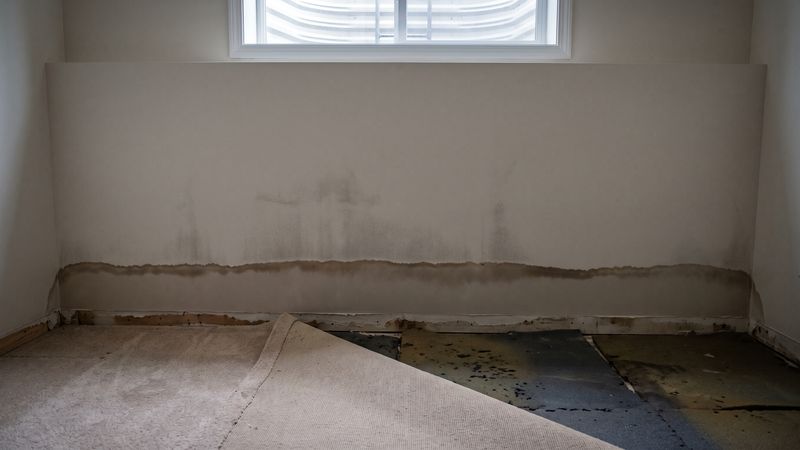 Water damaged drywall with a hard brown tide line above carpet turned back to show damp padding