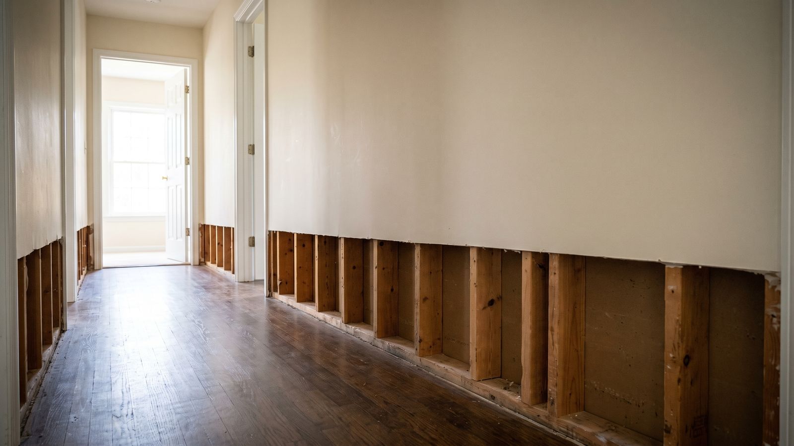 Flood cut across a hallway wall where water damaged drywall was removed to expose bare studs