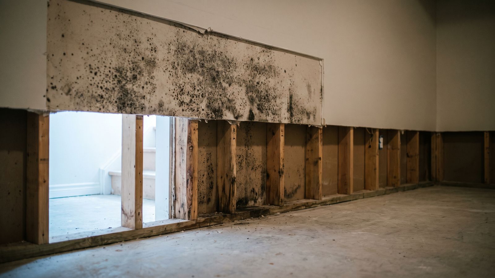 Black mold bloom on the cavity side of water damaged drywall opened back from the stud bays
