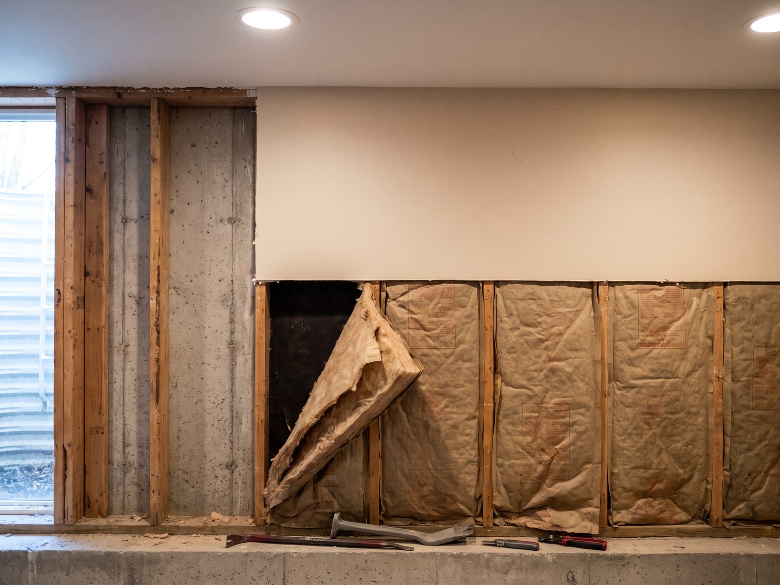 Stripped wall showing studs, batt insulation and a flood cut Stripped basement wall showing bare studs, pulled-back fiberglass batt insulation and a clean horizontal drywall cut.