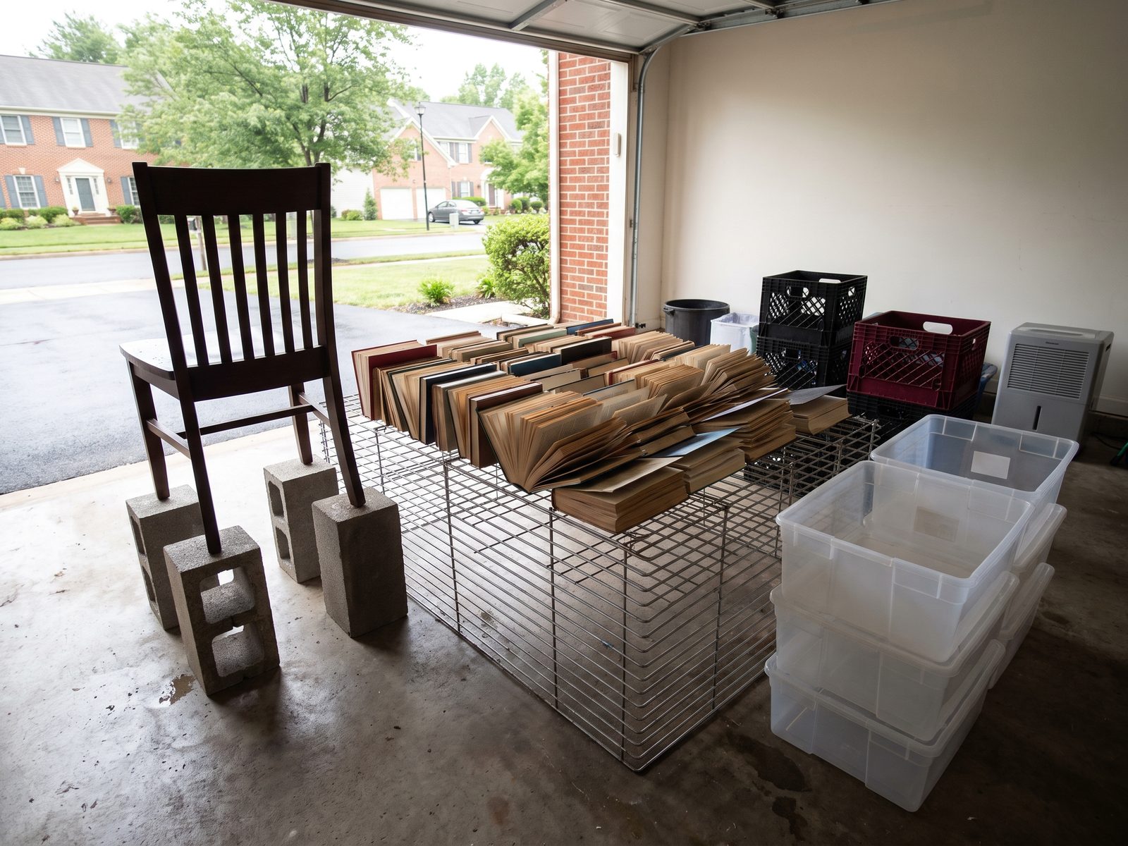 Salvaged contents drying on a rack in a garage Books fanned open on a wire drying rack beside a wooden chair raised on blocks in a garage, with plastic storage bins stacked nearby.