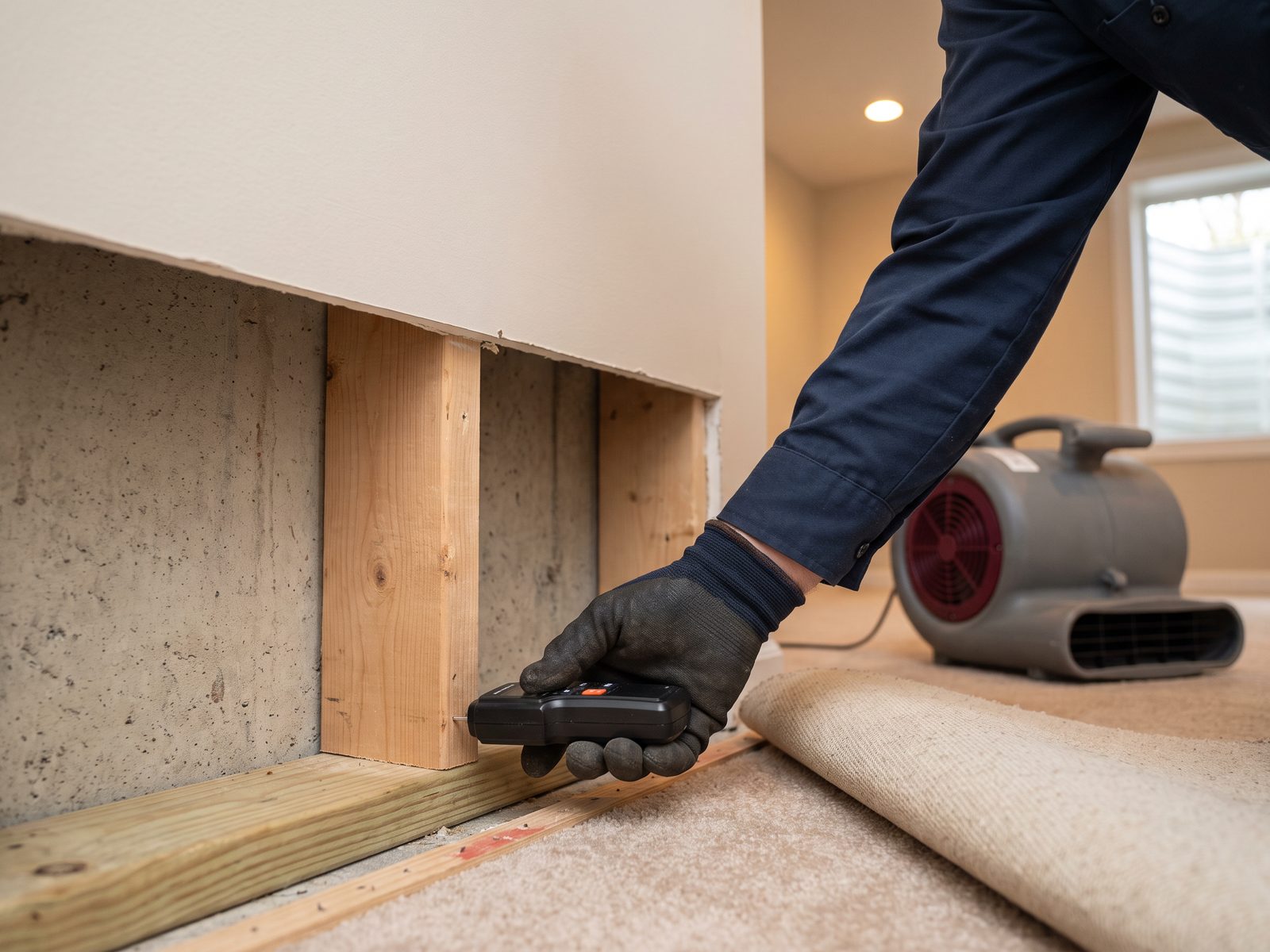 Checking a stud against a dry standard before closing a cavity A gloved hand holding a moisture meter against the base of a bare stud in an opened wall cavity below a clean drywall cut.