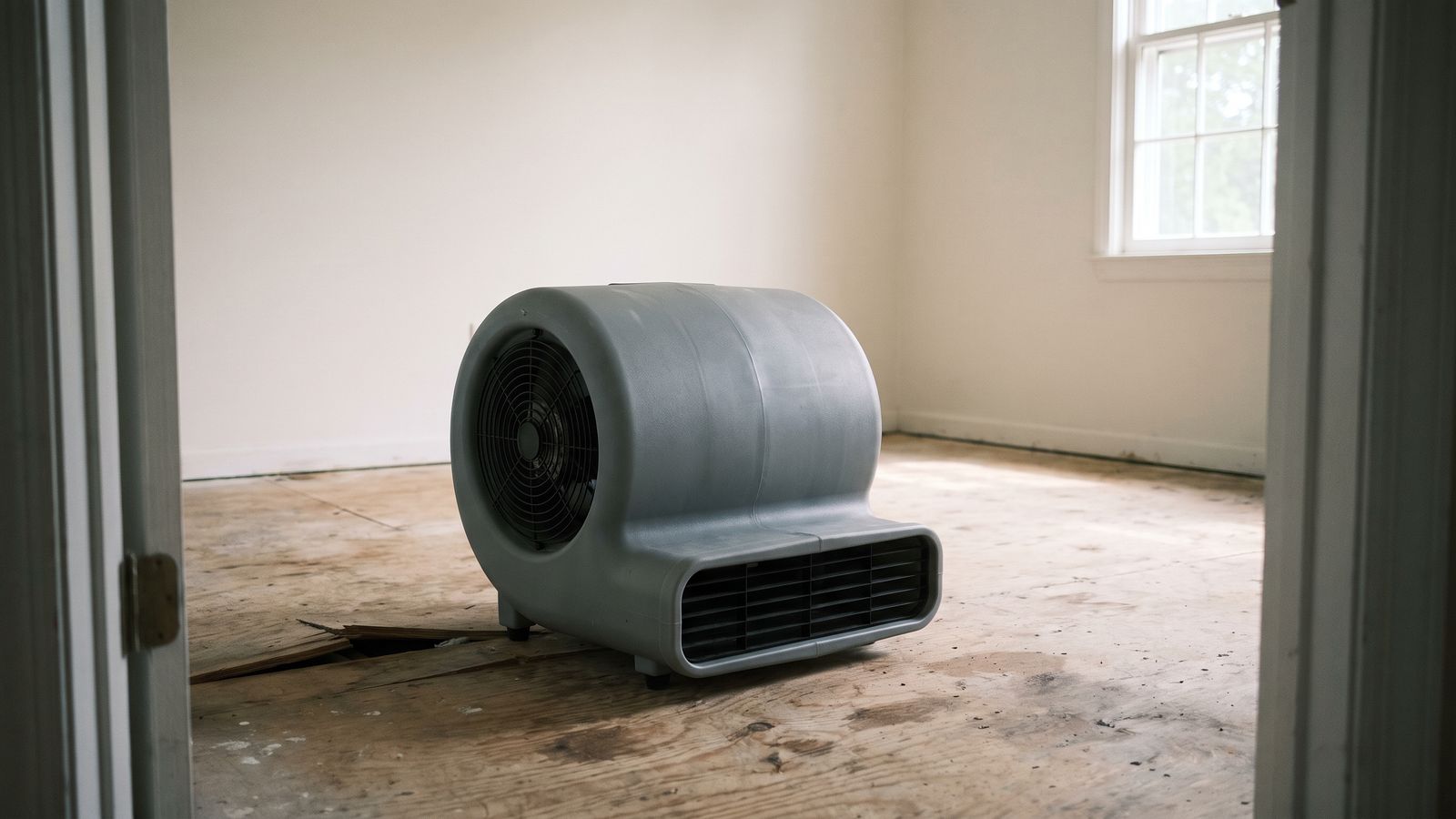 Gray centrifugal air mover set on bare subfloor, the drying step that follows water damaged subfloor signs