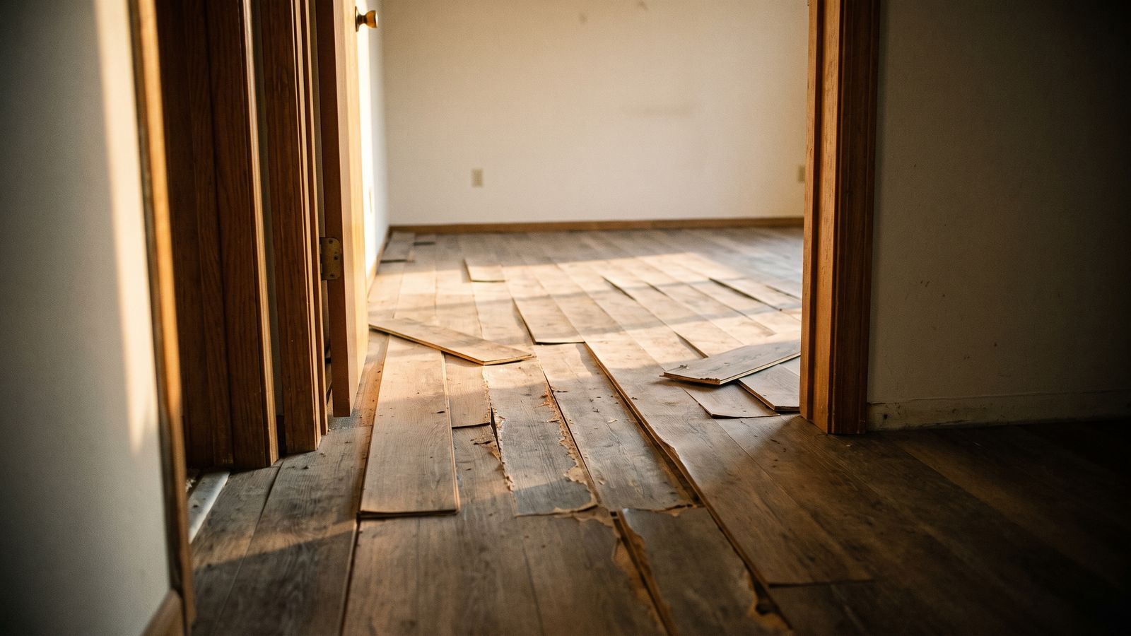 Plank flooring lifted and peeling at a doorway threshold, one of the clearest water damaged subfloor signs