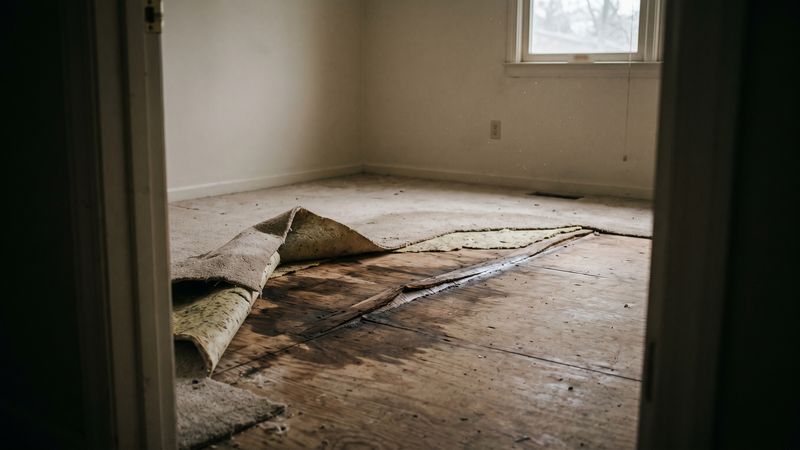 Carpet and padding pulled back from a stained plank subfloor showing water damaged subfloor signs