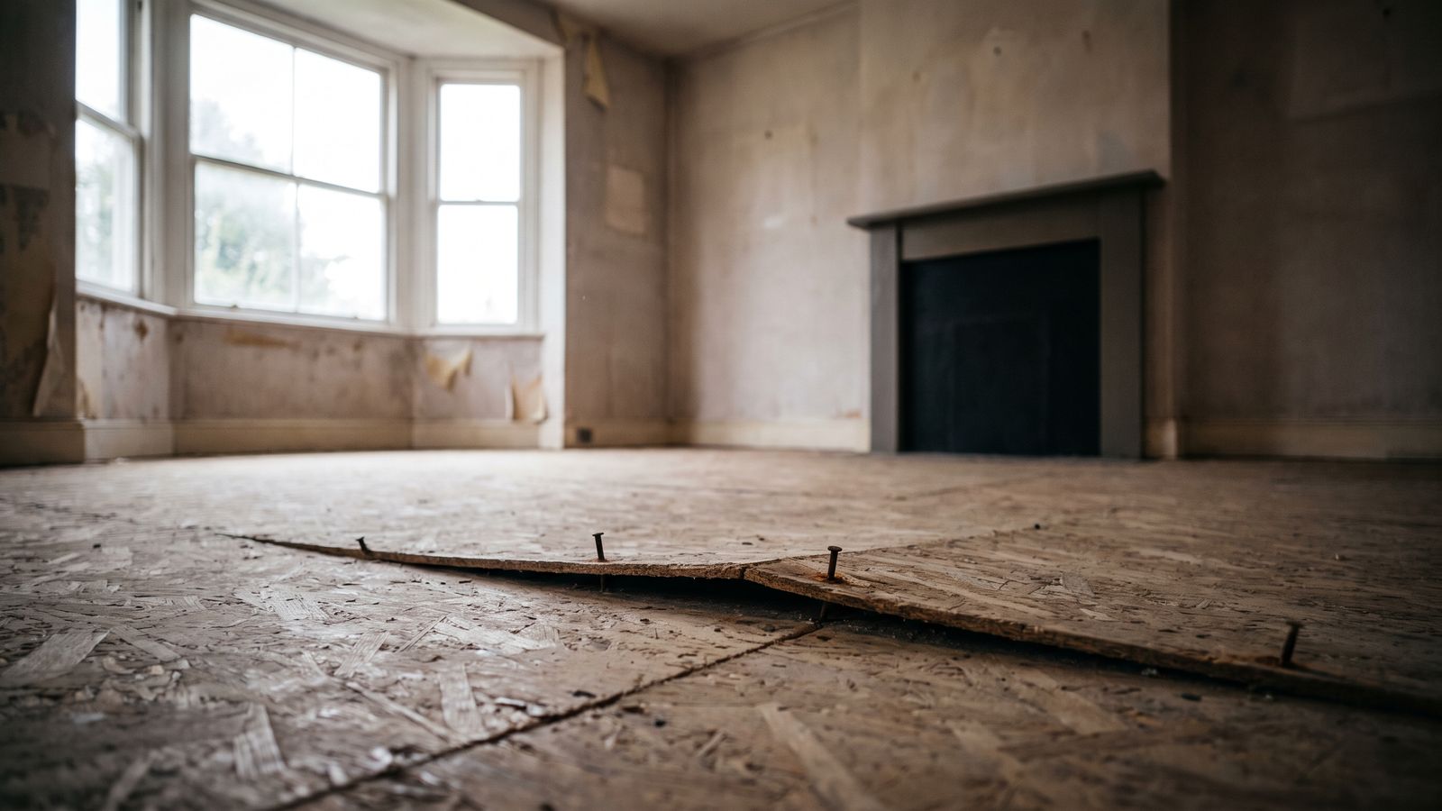 Swollen strand-board subfloor seam with nails backed out, classic water damaged subfloor signs
