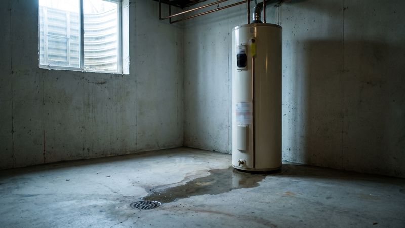 Leaking water heater tank in a bare concrete basement, a wet apron spreading across the slab toward a floor drain