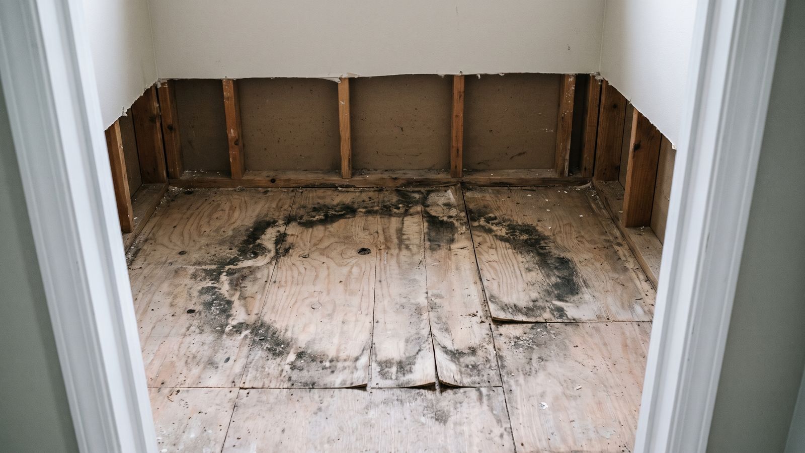 Mold staining spread across a bare plywood subfloor after a water heater leak, drywall cut back to the studs