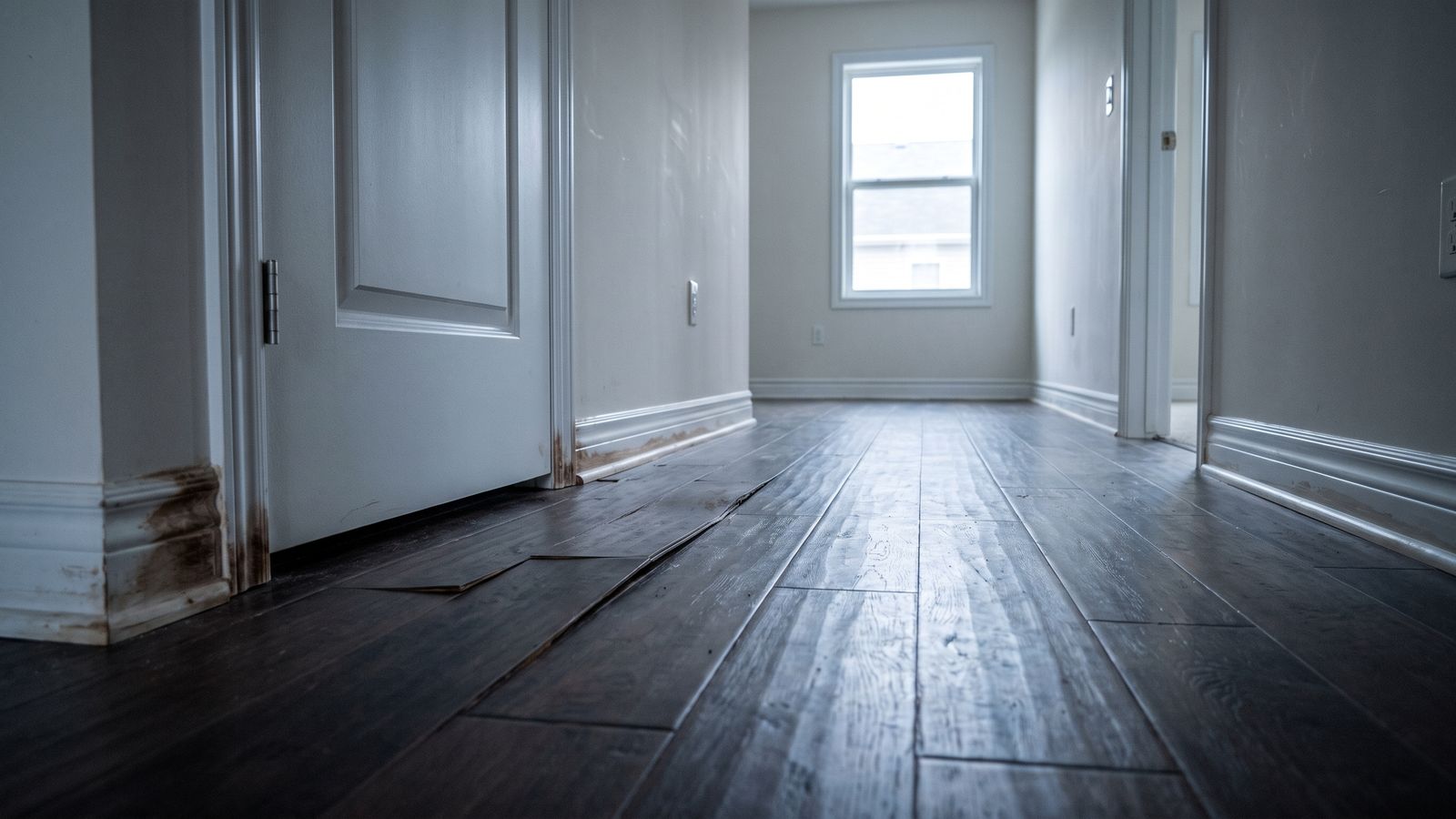 Swollen plank flooring lifting at the seams in a hallway after a water heater leak, the base trim stained dark