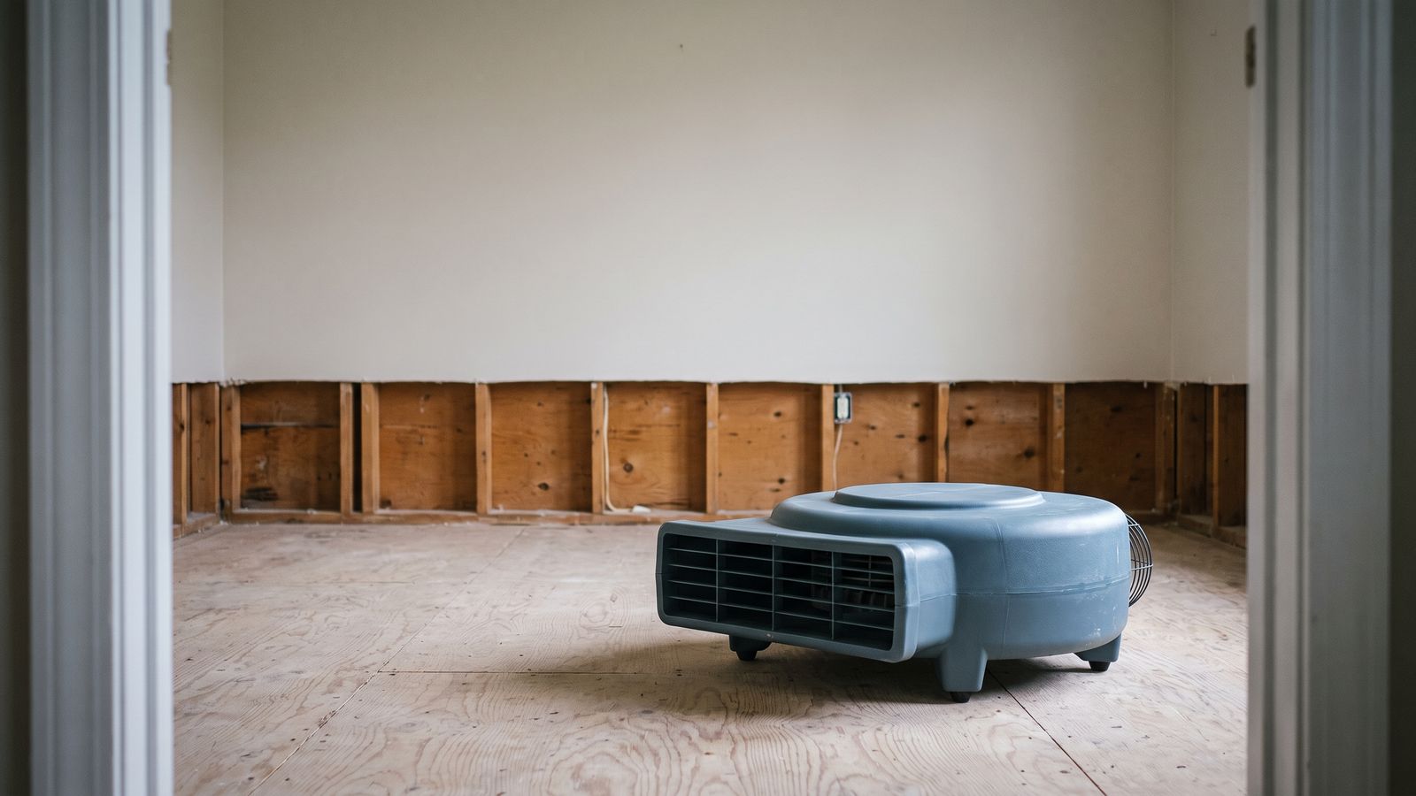Centrifugal air mover running on bare subfloor beside a flood-cut wall during water leak damage drying