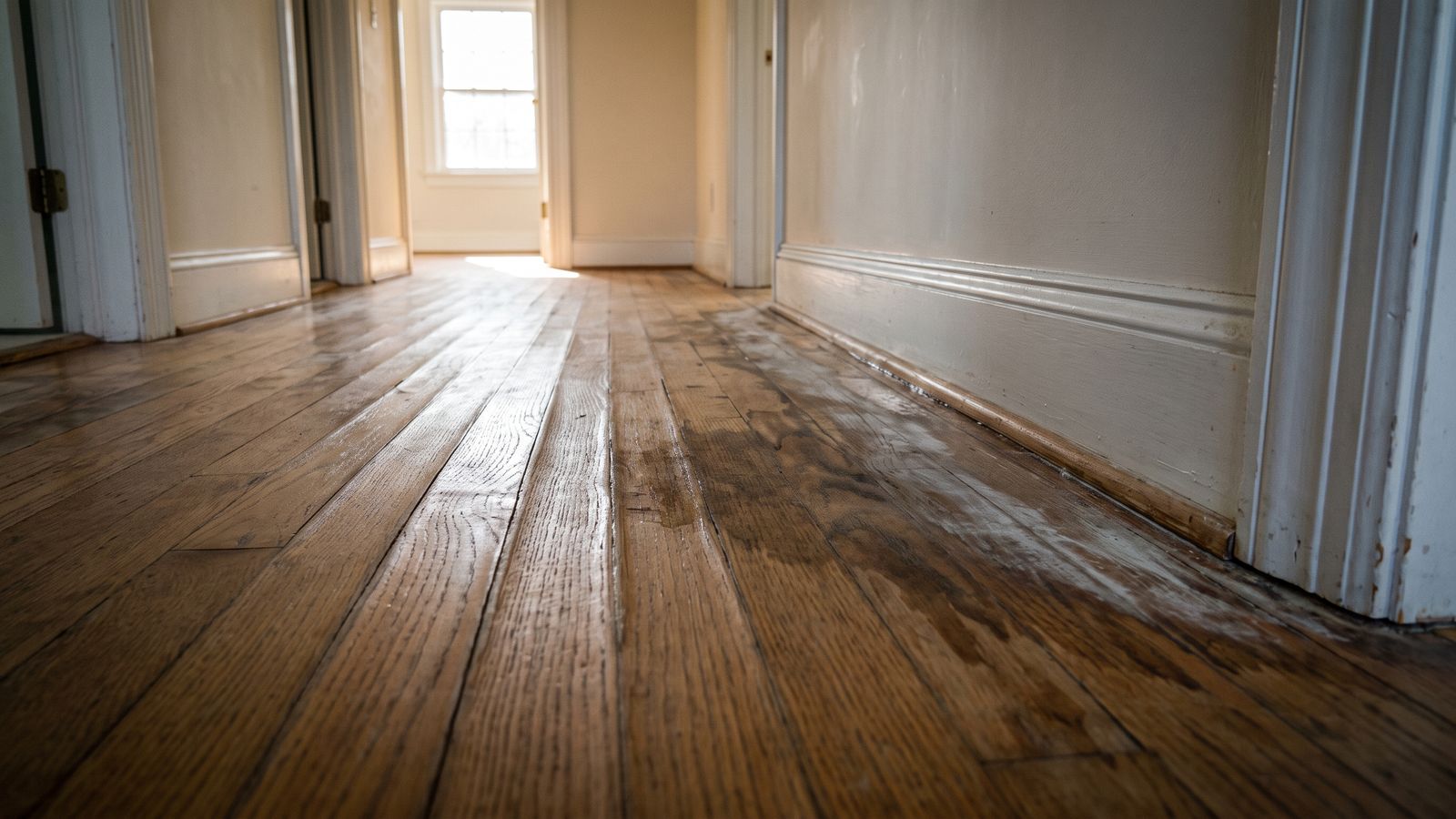 Cupped hardwood floorboards and a dark damp bloom at the baseboard, the underfoot signs of water leak damage