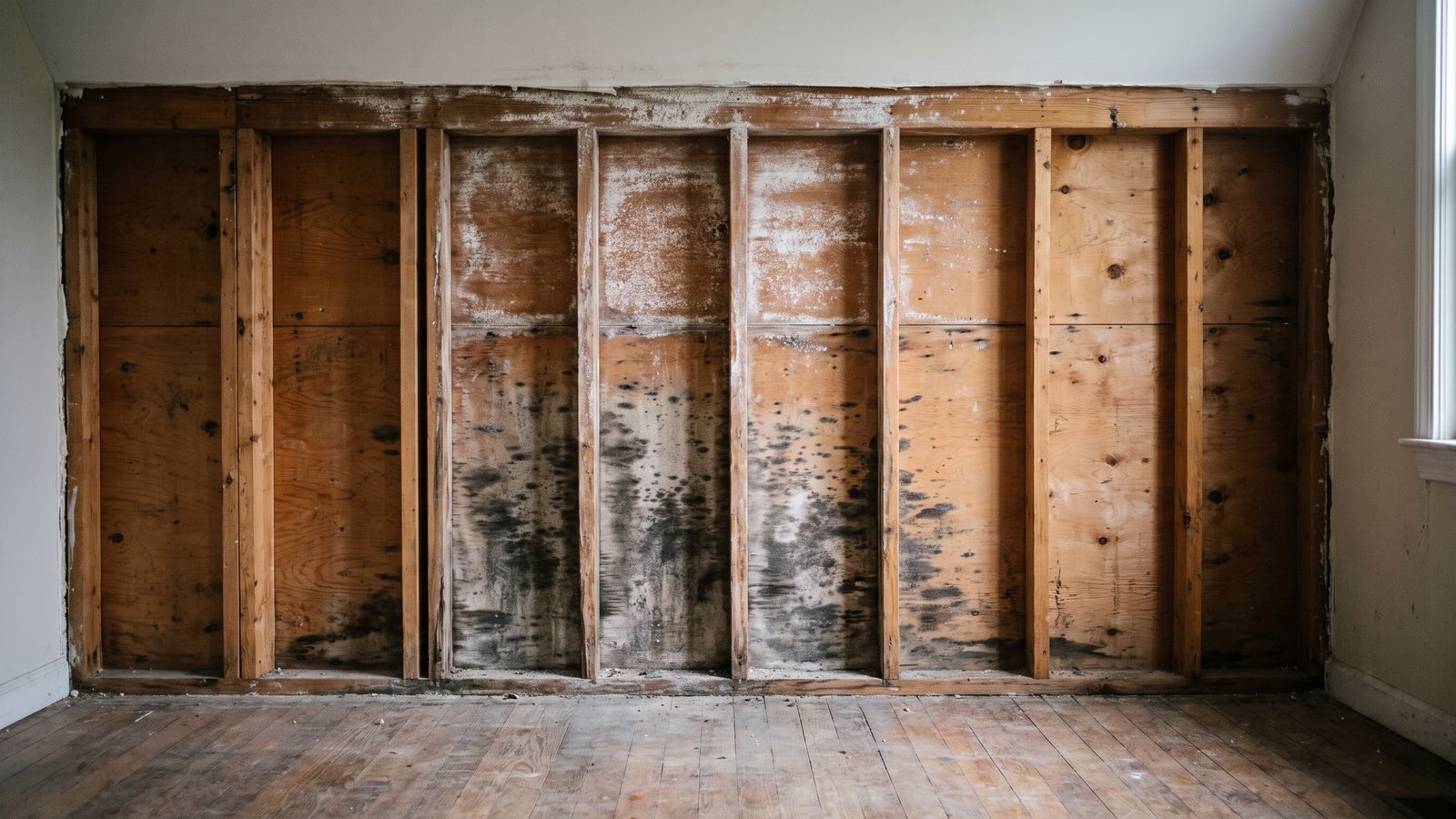 Dark mold staining across bare studs and sheathing in an opened wall after hidden water leak damage