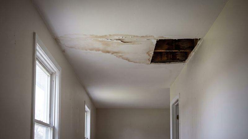 Brown tide line and a cut-open patch on a hallway ceiling exposing wet joists after water leak damage in Delaplane, VA