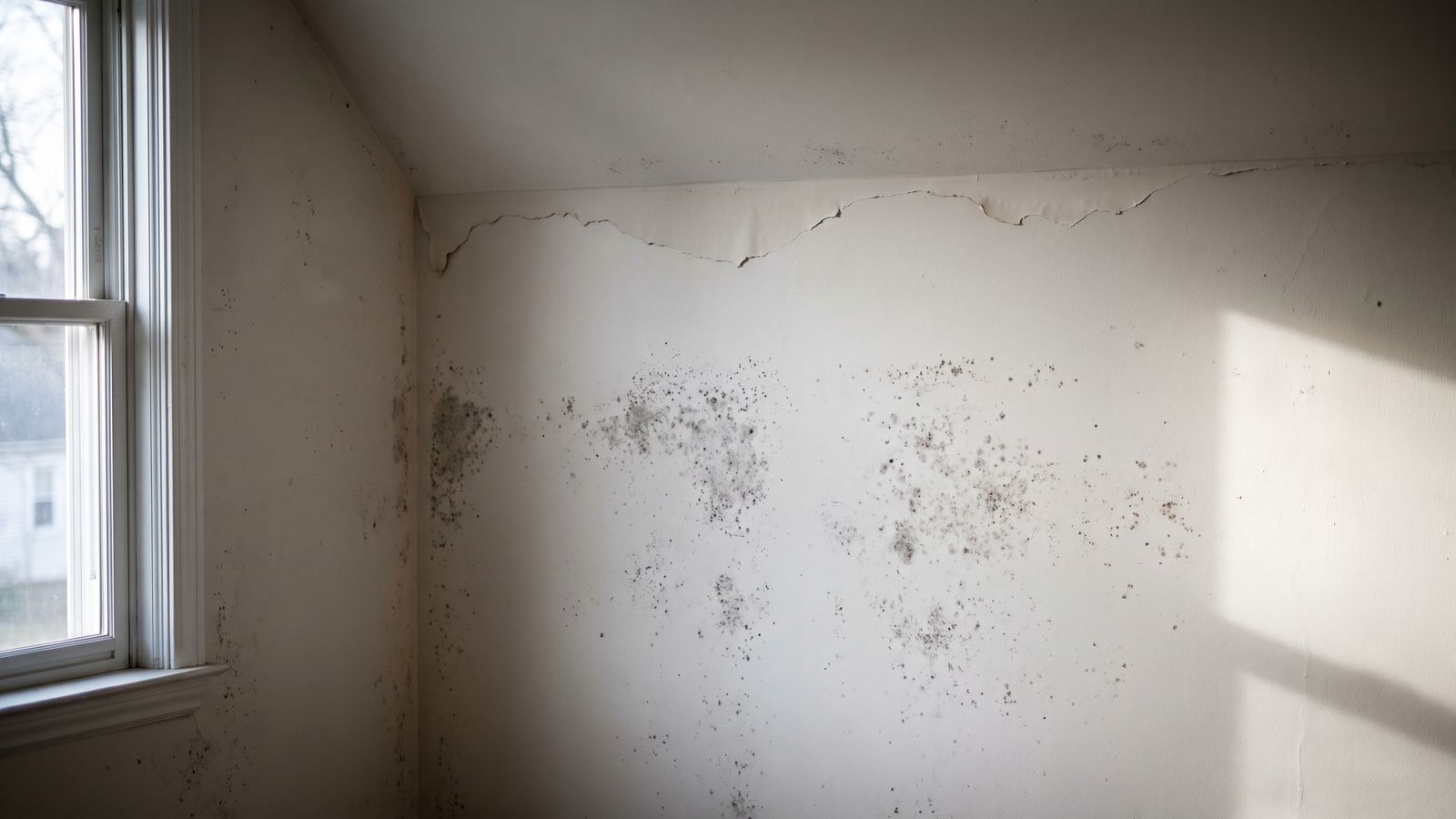 Mold speckling a wall below the ceiling line Gray and black mold speckling a bedroom wall below the ceiling line after water leak damage stayed wet