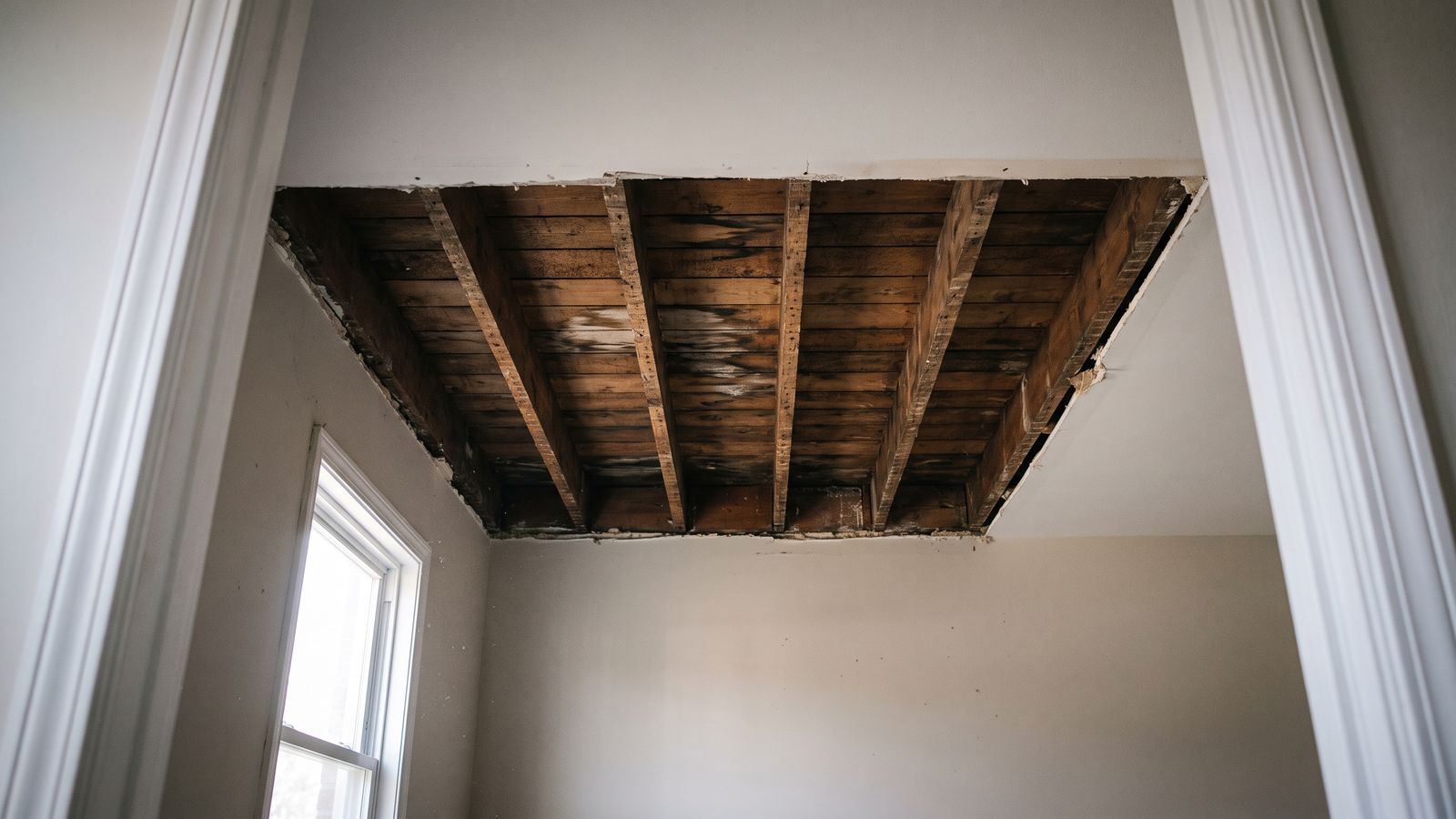 Ceiling opened to bare joists and stained subfloor Ceiling cut back to bare joists and stained subfloor boards in an empty room after water leak damage