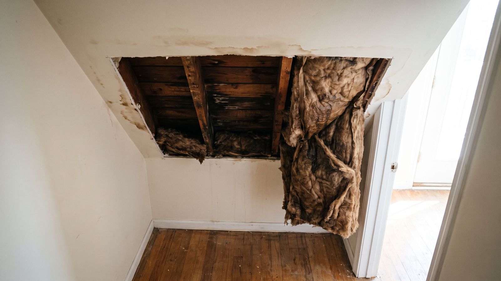 Opened Ceiling With Damp Joists and Sodden Insulation Ceiling drywall cut away to damp joists and a sodden batt slumping out: water leak from upstairs neighbor ceiling