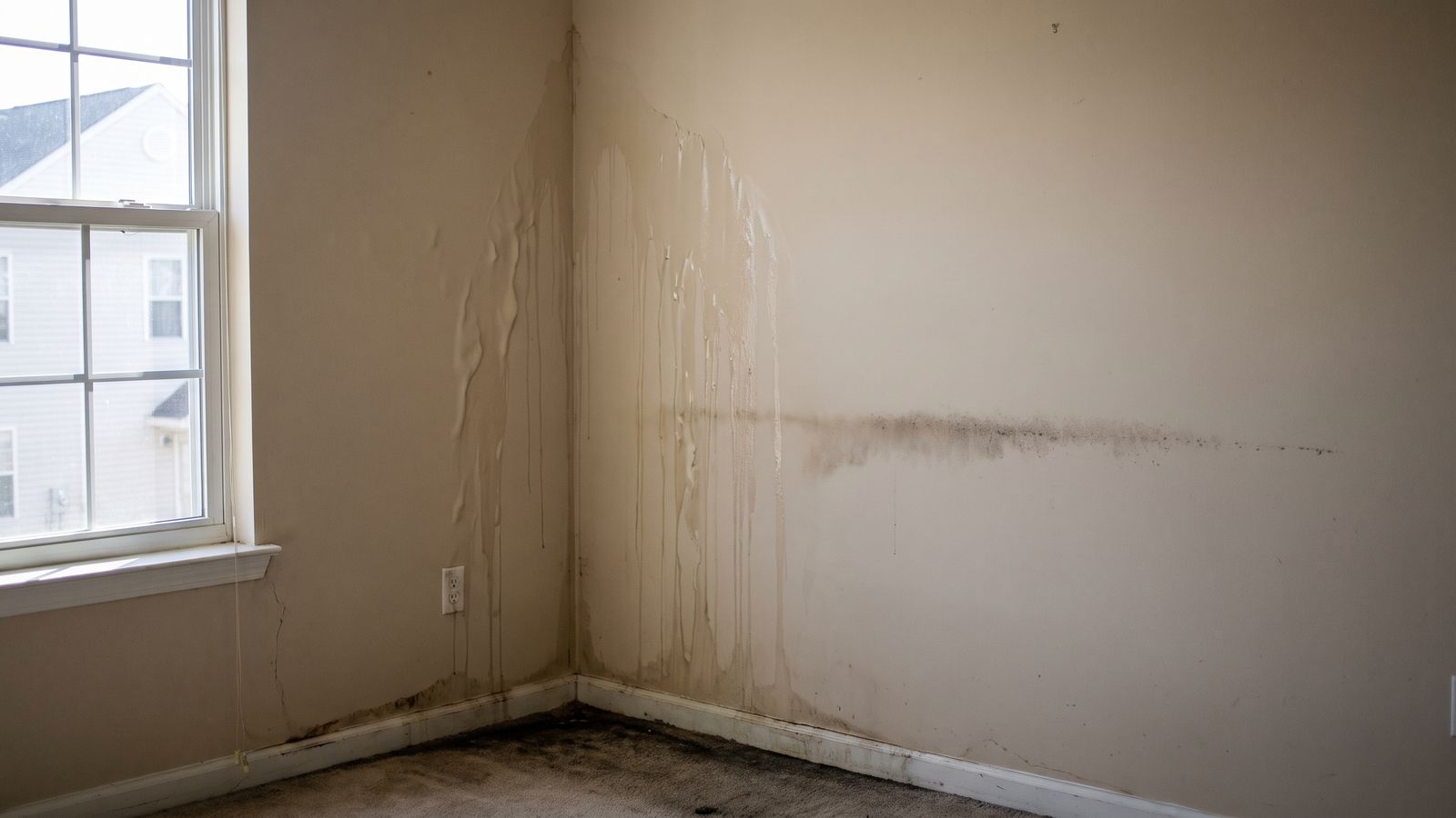 Water Run-Down and Staining at a Bedroom Wall Corner Blistered vertical runs and dark staining down an empty bedroom wall corner: water leak from upstairs neighbor ceiling